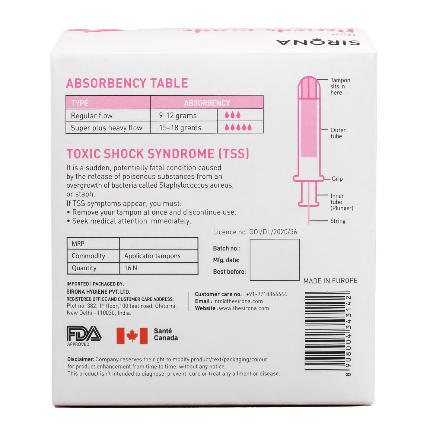Sirona Period Made Easy Applicator Tampons for Heavy & Super Heavy Flow | 16 Pcs |Biodegradable Tampons | FDA Approved | Ultra Soft & Comfortable | Upto 100% Leak Free | Highly Absorbent Tampon for Rash Free Periods |