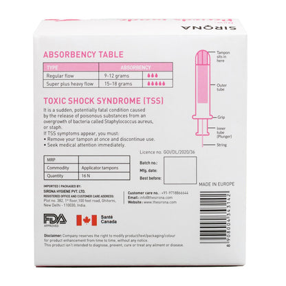 Sirona Period Made Easy Applicator Tampons for Heavy & Super Heavy Flow | 16 Pcs |Biodegradable Tampons | FDA Approved | Ultra Soft & Comfortable | Upto 100% Leak Free | Highly Absorbent Tampon for Rash Free Periods |