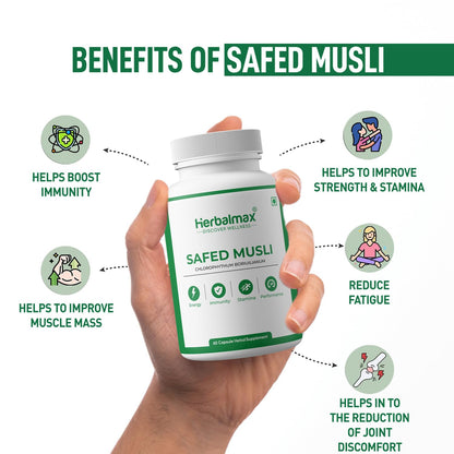 Herbalmax Safed Musli 800mg | With Shilajit, Ashwagandha & Gokshura | Natural Energy, Immunity Boost, Stamina & Stress Relief | Enhances Performance & Body Strength for Men & Women â€“ 60 Veg Capsules