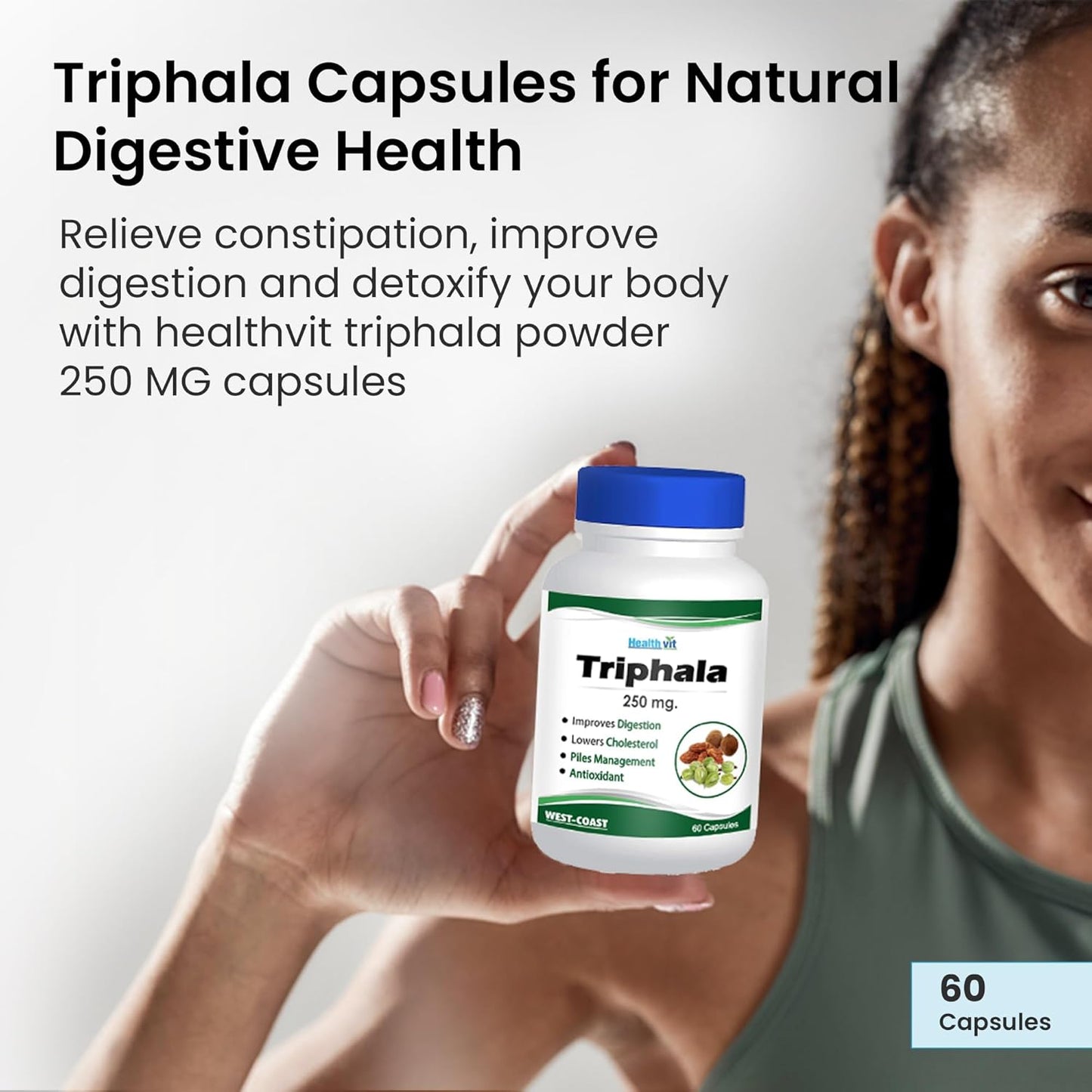 Healthvit Triphala Capsules | Herbal Digestive Aid | Constipation Relief Medicine - Natural Triphala for better bowel movement | 60 Capsules