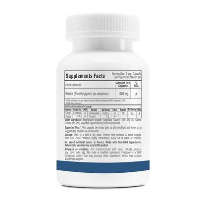 Trexgenics BETAINE - TMG (Trimethyglycine) 500 MG Homocysteine Balance, Liver Care, Athletic Performance Support (60 Veg Capsules) (Pack of 1)