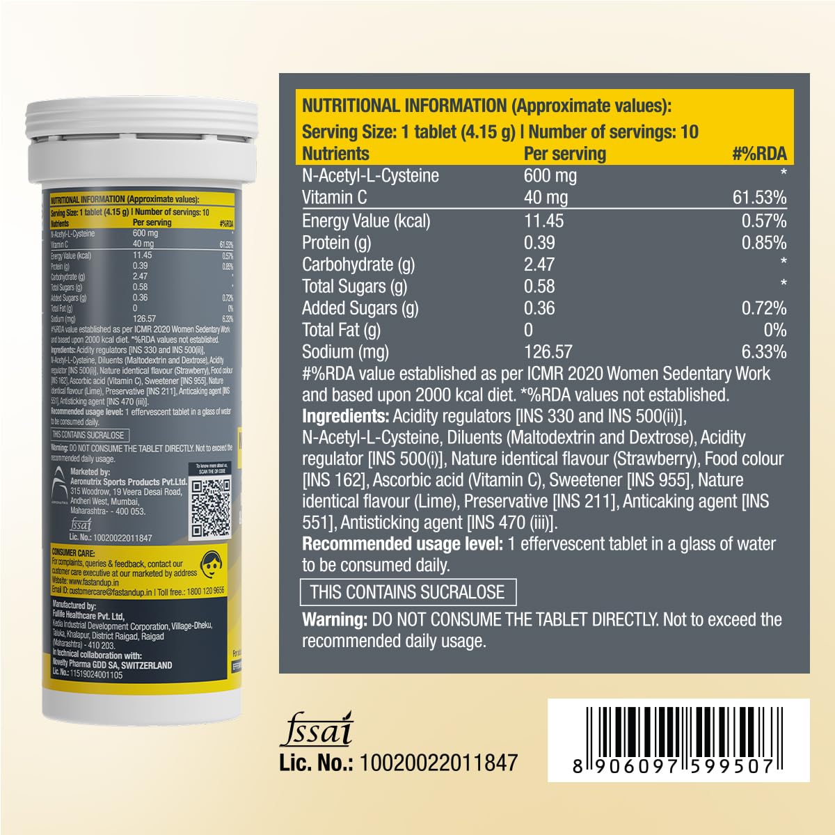 FAST&UP Detox Lung N-Acetylcysteine 600mg + Vitamin C - Lung Protective Supplement, 10 Tablets â€“ Respiratory & Lung Health - Strawberry Flavour