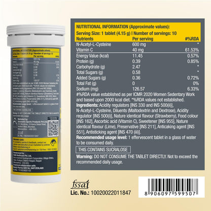 FAST&UP Detox Lung N-Acetylcysteine 600mg + Vitamin C - Lung Protective Supplement, 10 Tablets â€“ Respiratory & Lung Health - Strawberry Flavour