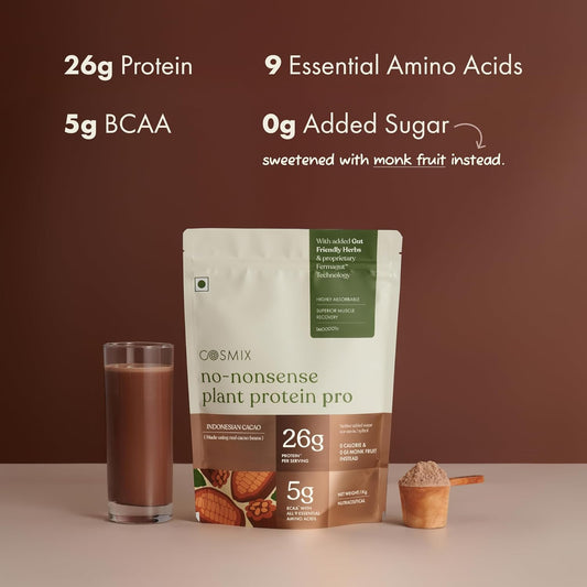 Cosmix No-Nonsense Plant Protein PRO 26g Protein | Yeast Protein & Pea Protein Blend | Indonesian Cacao, 1Kg Pouch x 1 | Clean, Easy to Digest