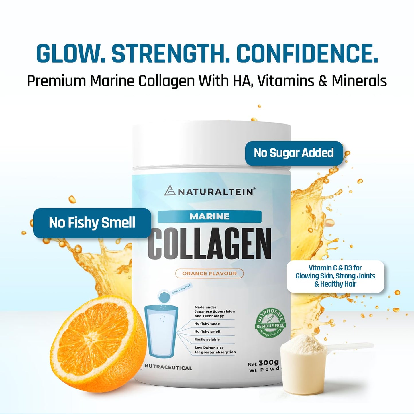 NATURALTEIN Pure Marine Collagen Supplement, 300g | Hydrolyzed Collagen Powder and Amino Acids | Supports Healthy Skin, Hair, Nails, Bone & Joint | Flavour: Orange
