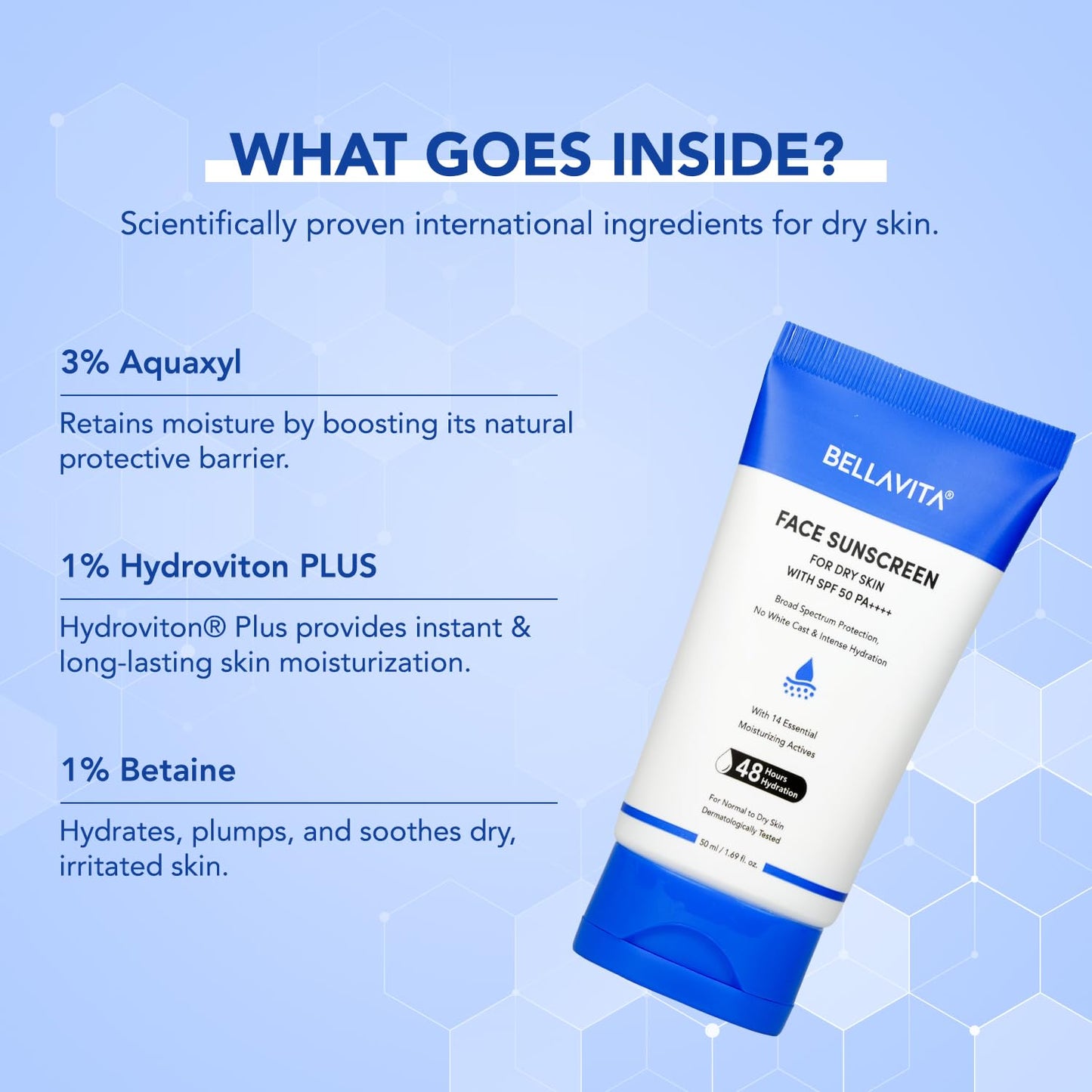 BELLAVITA Sunscreen SPF 50 For Dry Skin|SPF 50 PA++++|Broad Spectrum Protection | No White Cast | Water & Sweat Resistant|Dermatologically Tested|Hydrating Sunscreen|48hrs Hydration | For Men & Women | 50ml