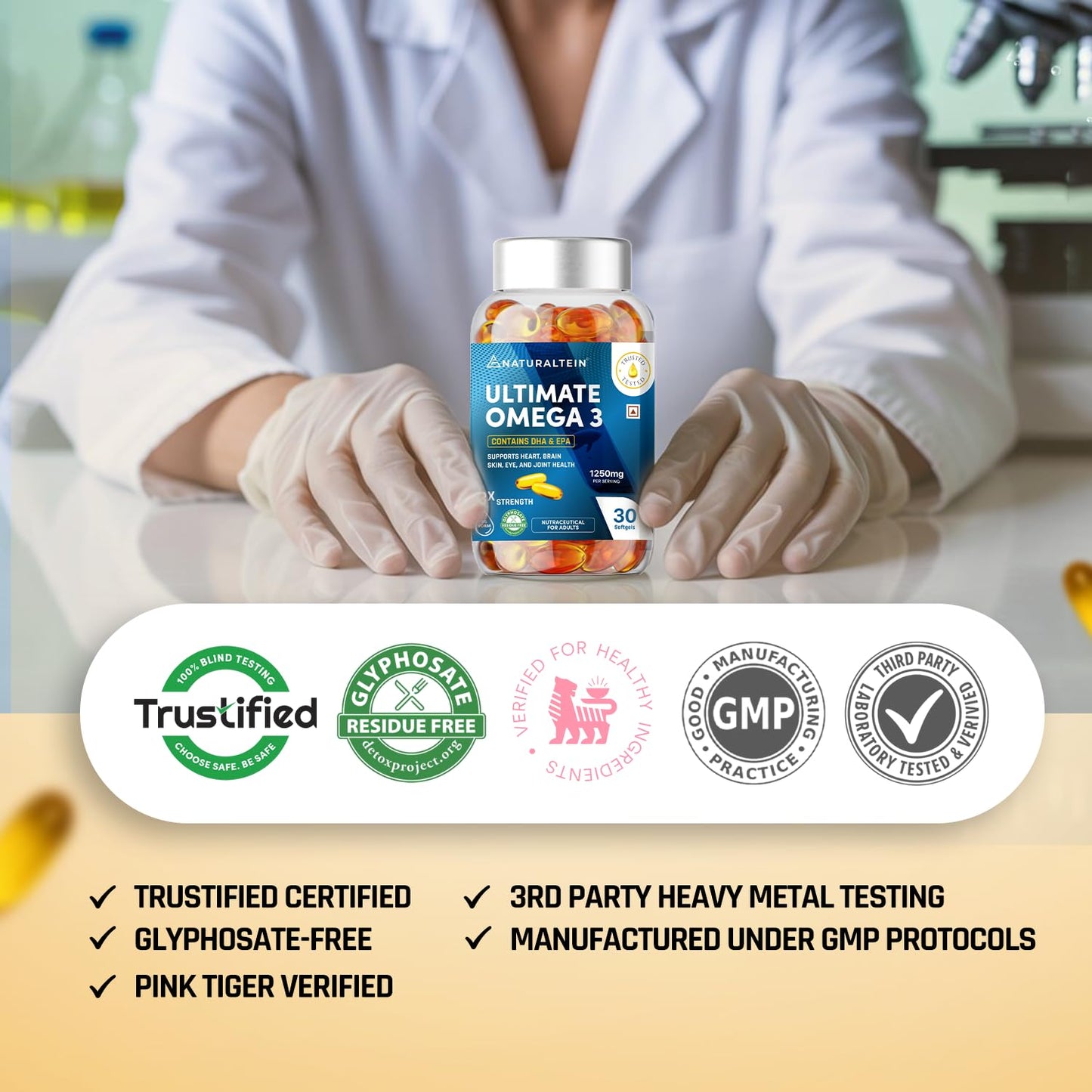 NATURALTEIN Omega-3 Fish Oil 1250mg Triple Strength Softgels | 450mg EPA & 300mg DHA in Triglyceride Form for Better Absorption | Heart, Brain, Eye & Joint Support | Glyphosate-Free | 30 Capsules