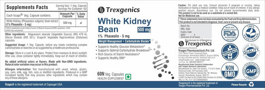 Trexgenics WHITE KIDNEY BEAN 1% Phaseolin 500 mg Carbohydrate Blocker, Weight Management VEGAN & NON-GMO (60 Veg. Capsules) (Pack of 1)