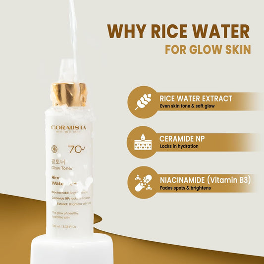 CORALISTA Rice Water Glow Toner with Niacinamide & Ceramide NP | Korean Brightening & Hydrating Face Toner | Evens Skin Tone, Fades Dark Spots, Locks in Moisture | 100ml Alcohol-Free Toner