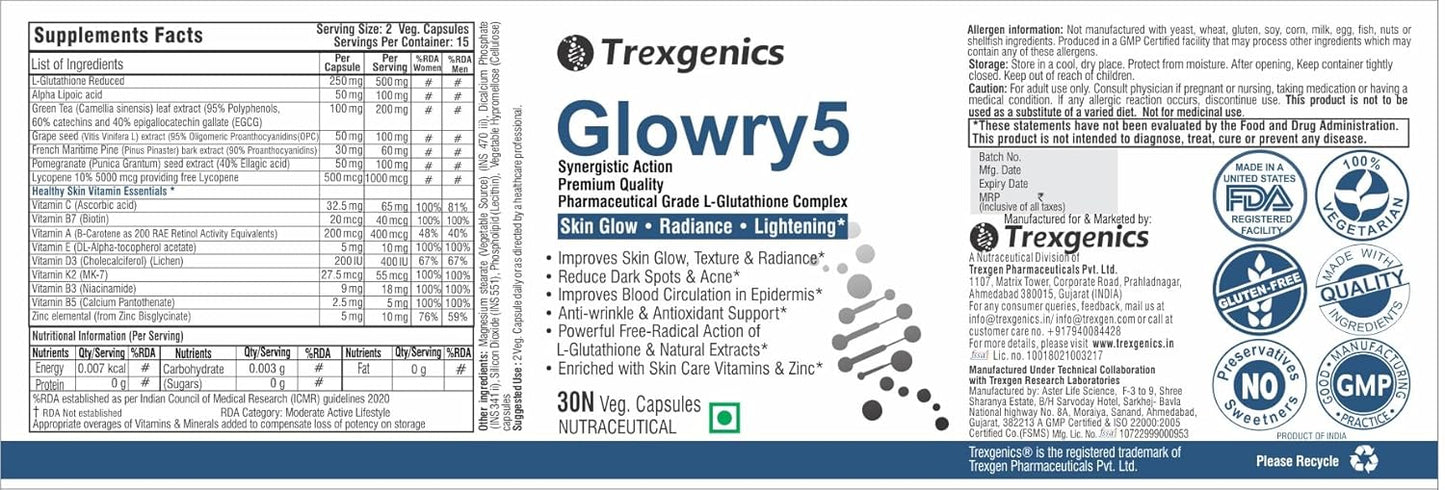 Trexgenics GLOWRY5 Advanced L-GLUTATHIONE Skin Care Complex with Skin Antioxidant Vitamins & Natural Herbs (30 Veg. Capsules) (Pack of 1)