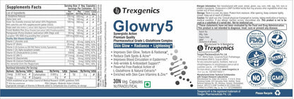 Trexgenics GLOWRY5 Advanced L-GLUTATHIONE Skin Care Complex with Skin Antioxidant Vitamins & Natural Herbs (30 Veg. Capsules) (Pack of 1)