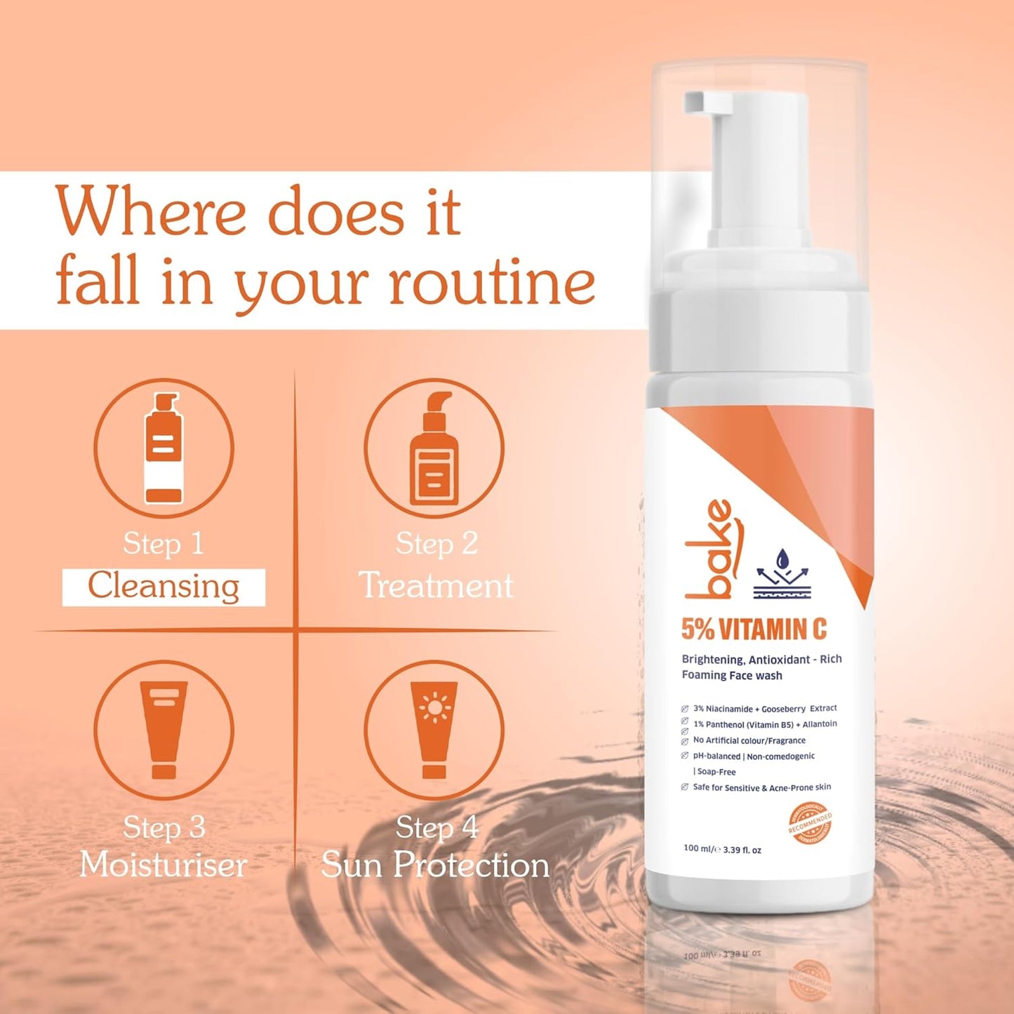 BAKE 5% Vitamin C Foaming Face Wash with Niacinamide | Brightening Face Wash for Pigmentation, Dark Spots & Uneven Skin Tone | Antioxidant Rich Cleanser for Dull, Normal to Oily Skin â€“ 100ml
