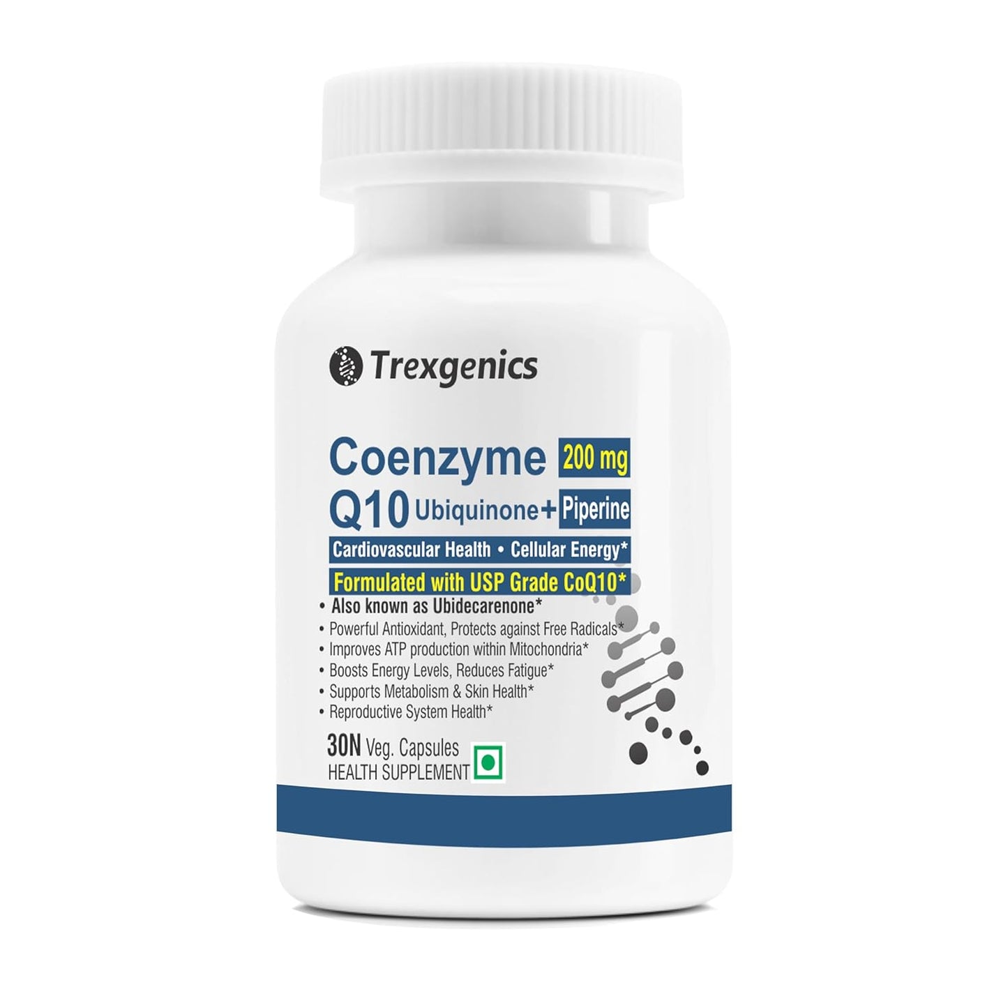 Trexgenics COENZYME Q10 200 mg USP grade Ubiquinone (Ubidecarenone) with Piperine 8 mg Antioxidant, Cellular Energy, Heart Health (30 Veg Capsules)