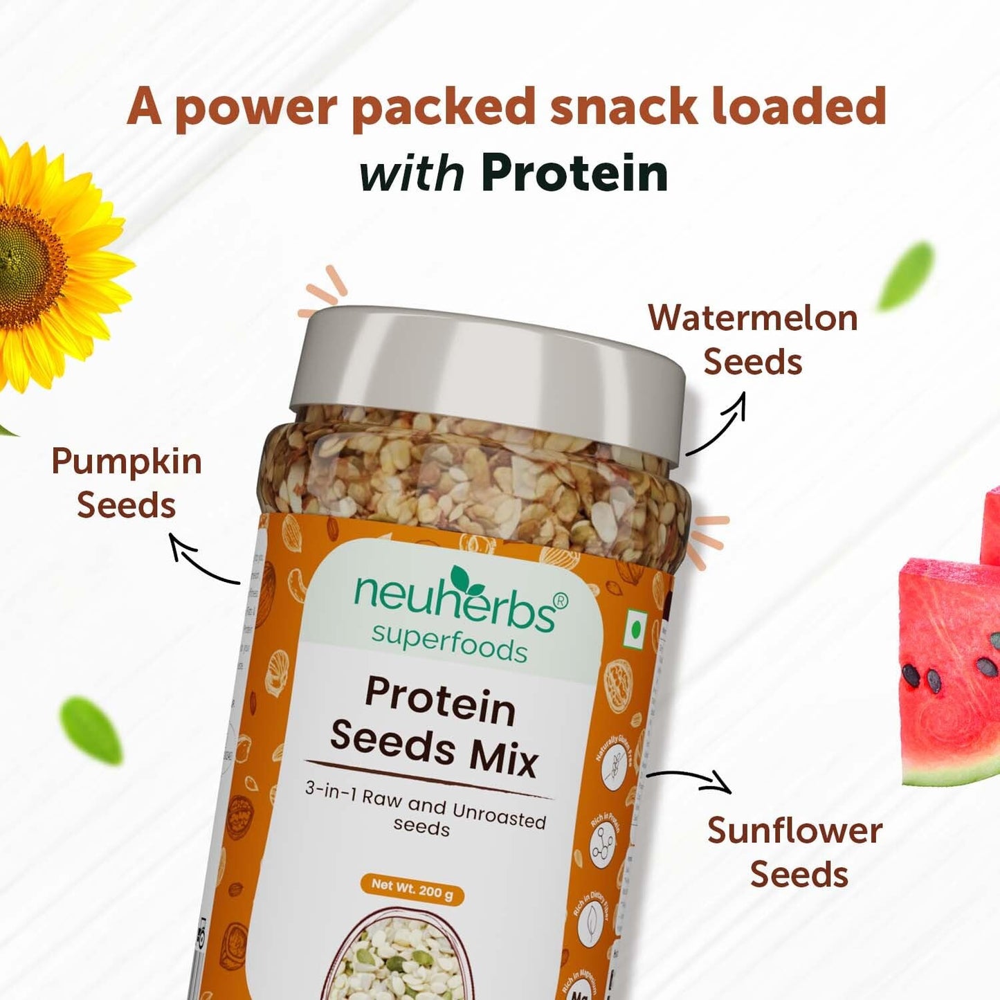 Neuherbs 3-in-1 Raw & Unroasted Protein Seeds Mix 200gm | Diet Snacks | Super Seeds Mix For Eating | Healthy Food For Weight Management
