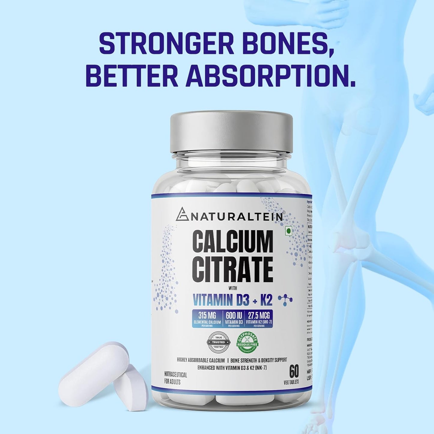 NATURALTEIN Calcium Citrate with Vitamin D3 & K2 (MK7) 60 Tablets | High-Absorption Calcium Supplement for Bone Health | No Additives | Vegan & Gluten-Free