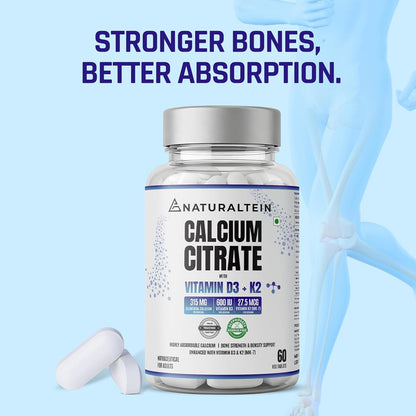 NATURALTEIN Calcium Citrate with Vitamin D3 & K2 (MK7) 60 Tablets | High-Absorption Calcium Supplement for Bone Health | No Additives | Vegan & Gluten-Free