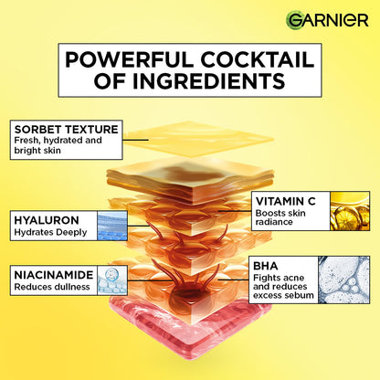 Garnier Fresh & Bright Vitamin C Sorbet Moisturizer, 4.5% Vit C + Hyaluronic Acid + Niacinamide + BHA, 9x Lighter Sorbet Texture, For Hydration & Dark Spot Reduction, Suitable for Oily to Normal & Combination Skin, 90g