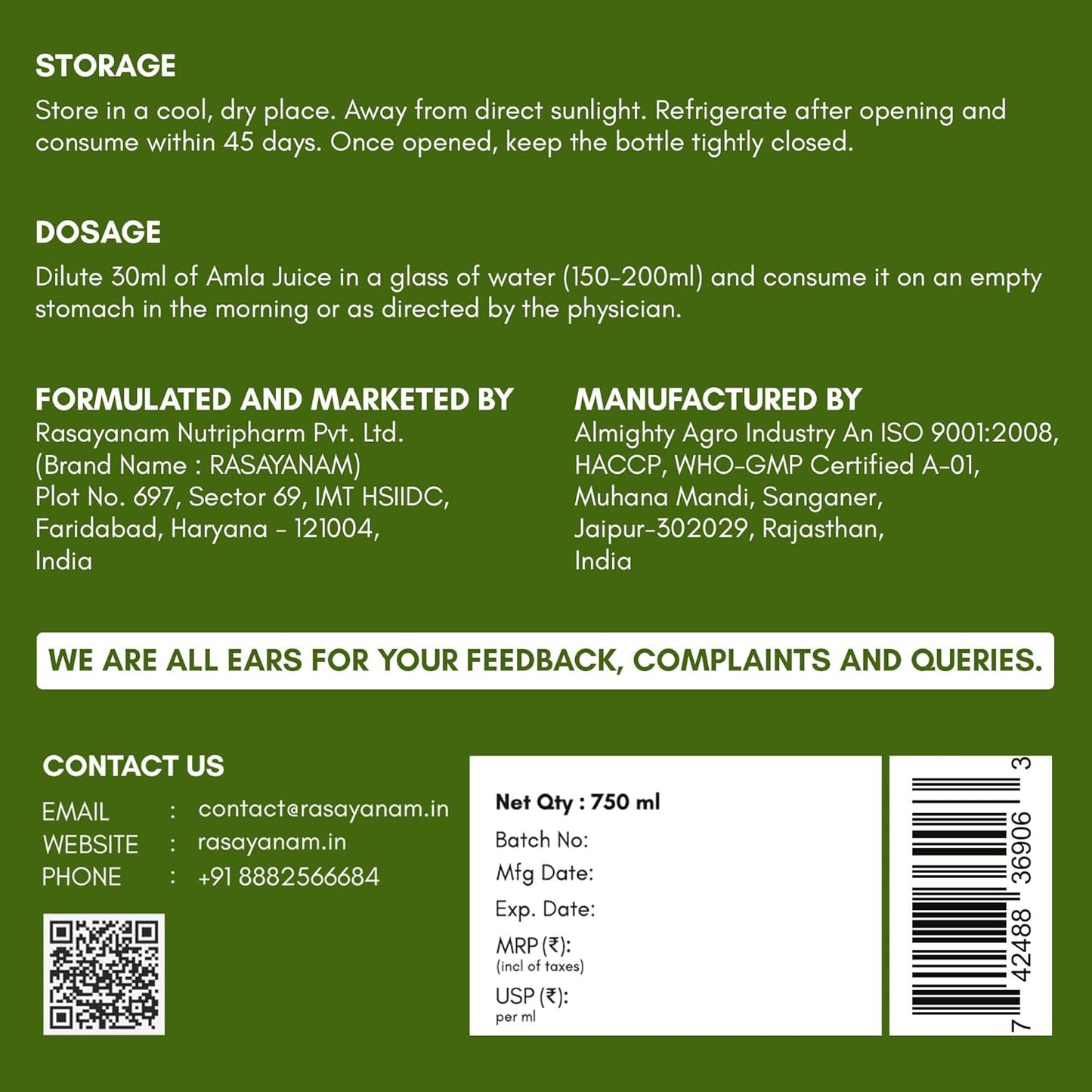 Rasayanam Pure Amla Juice 750 ml | Cold-Pressed from Handpicked Amlas | Rich in Vitamin C | 100% Natural with No Added Sugar | Supports Immunity, Digestion, Hair & Skin Health