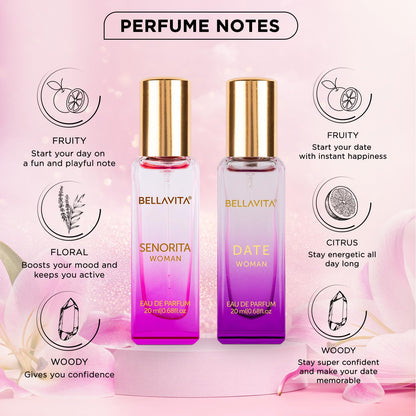 Bella Vita Luxury Date & Senorita Women Long Lasting | Perfume for Woman | Gifts for Woman | EDP 2x20ml | Jasmine, Vanilla, Lotus & Musk | Floral, Fruity & Woody