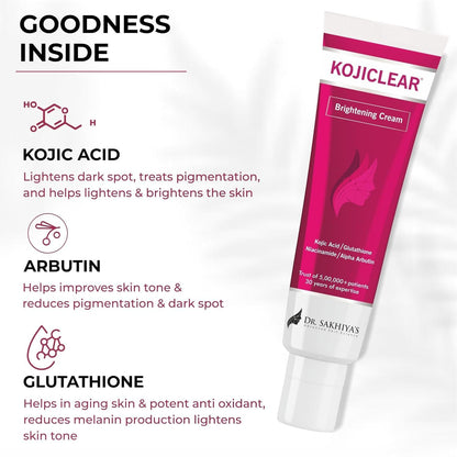 Dr. Sakhiya's Kojiclear Face Cream with Kojic Acid, Glutathione, Niacinamide, and Alpha Arbutin, Helps in Dark Spot and Tan for Men and Women (20gm Pack of 1)
