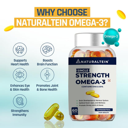 NATURALTEIN Omega 3 Fish Oil â€“ 1000mg per Softgel | 60 Capsules | 180mg EPA & 120mg DHA | With Vitamin E | Premium Triglyceride Form | Supports Heart, Brain & Joint Health | Single Strength Formula