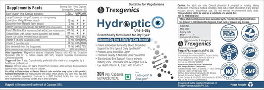 TrexgenicsÂ® HYDROPTIC Advanced Dry Eyes & Eye Care One-a-day Vegetarian formula with Lutein, Zeaxanthin, Bilberry, Gingko, Pine Bark, Vitamin C, Zinc &Vitamin A (30 Vcaps) (1)