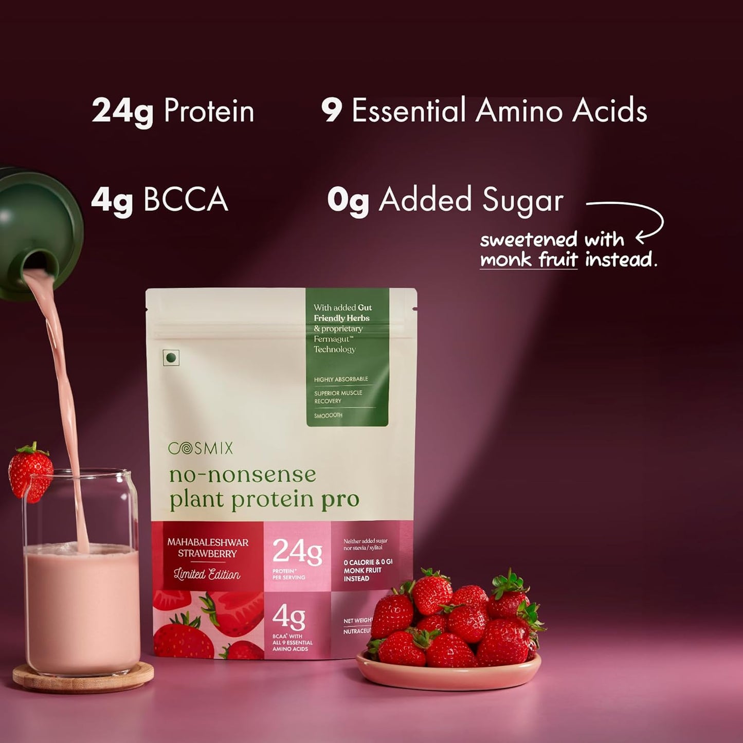 Cosmix No-Nonsense Plant Protein Pro | 24g Plant Protein/Serve | Mahabaleshwar Strawberry | Clean Vegan Yeast Protein | Gut-Friendly | Easy to Digest | All Essential Amino Acids | Made with Real Mahabaleshwar Strawberries | 500gm