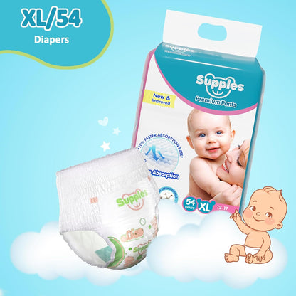 Supples Premium Baby Diaper Pants | 54 Baby Diapers | XL | 12-17 Kg | 12 Hrs Absorption | Cushiony Cotton Soft Fabric | Phthalates-Free | Triple Leak Guard