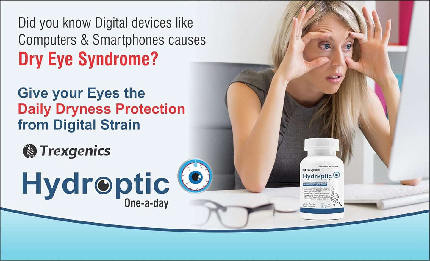 TrexgenicsÂ® HYDROPTIC Advanced Dry Eyes & Eye Care One-a-day Vegetarian formula with Lutein, Zeaxanthin, Bilberry, Gingko, Pine Bark, Vitamin C, Zinc &Vitamin A (30 Vcaps) (1)