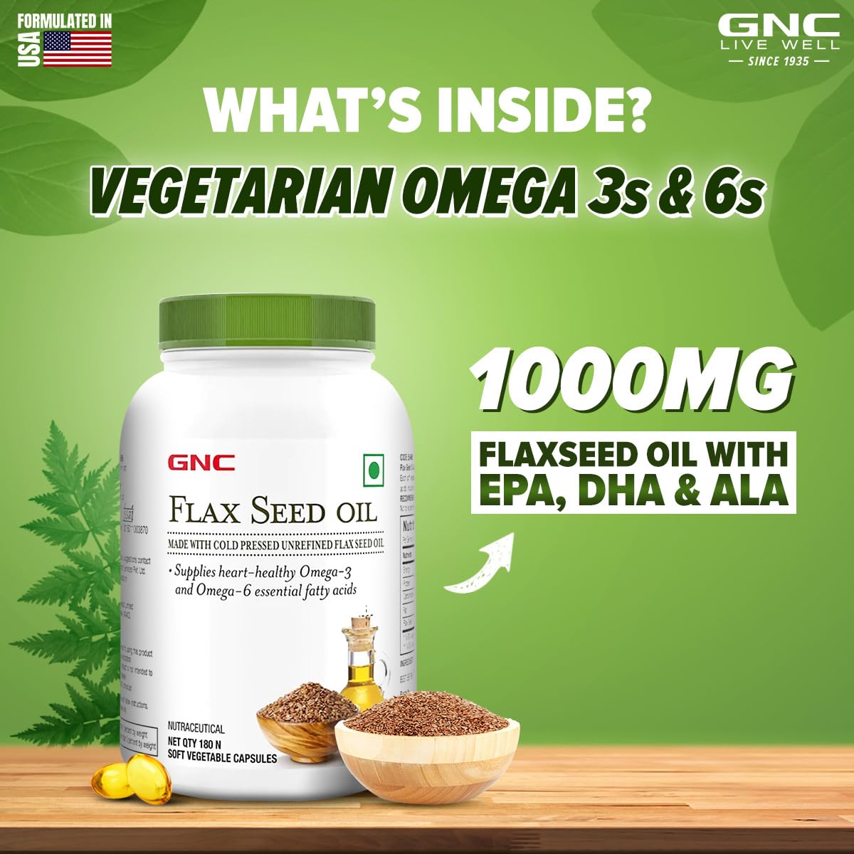 GNC Flax Seed Oil Vegetarian Omega 3s | 180 Capsules | Supports Good Memory | Protects Vision | Relieves Stiffness & Joint Discomfort | Cold-Pressed & Unrefined | USA Formulated