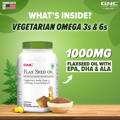 GNC Flax Seed Oil Vegetarian Omega 3s | 180 Capsules | Supports Good Memory | Protects Vision | Relieves Stiffness & Joint Discomfort | Cold-Pressed & Unrefined | USA Formulated