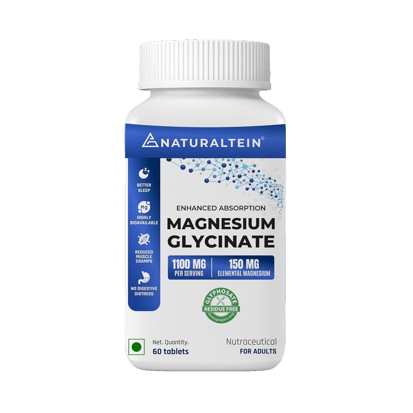 Naturaltein Magnesium Glycinate 1100mg (150mg Elemental) | Chelated High Absorption Magnesium Supports Sleep Quality & Muscle Relaxation | Glyphosate Tested | 60 Tablets