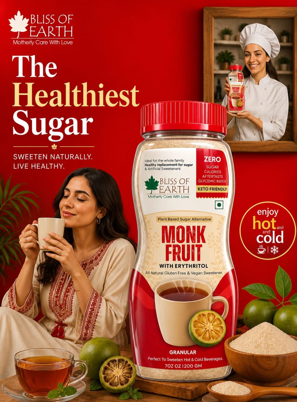 Bliss of Earth Monk Fruit Sweetener with Erythritol 200gm (Golden), 1:1 Zero Calorie Sugar Alternative, Keto Friendly, No Aftertaste, Zero Glycaemic Natural Sweetener,