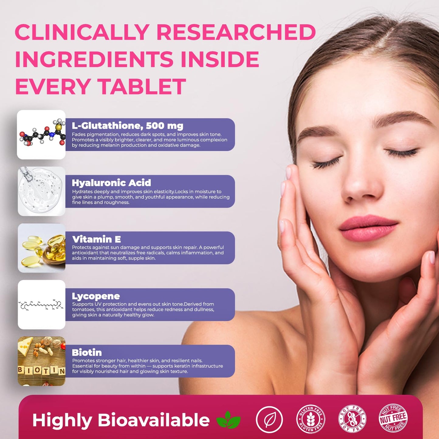 The Body Reserve Japanese L-Glutathione Tablets for Skin Whitening | 500mg Glutathione Supplements with Hyaluronic Acid, Vitamin E, Lycopene & Biotin | Skin Glow & Collagen Support | Sugar-Free, 30 Tablets