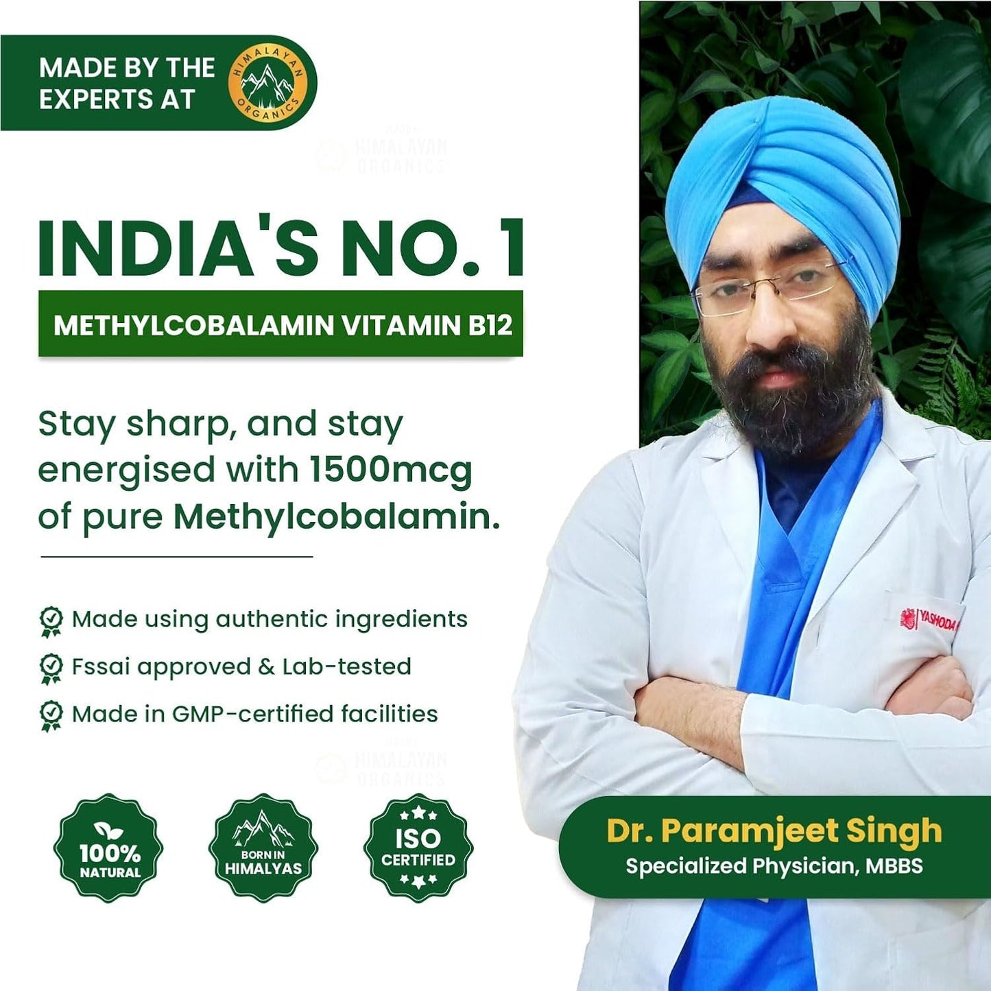 Vlado's Himalayan Organics Methylcobalamin Vitamin B12 1500mcg Supplement for Men & Women - 90 Veg Tablets