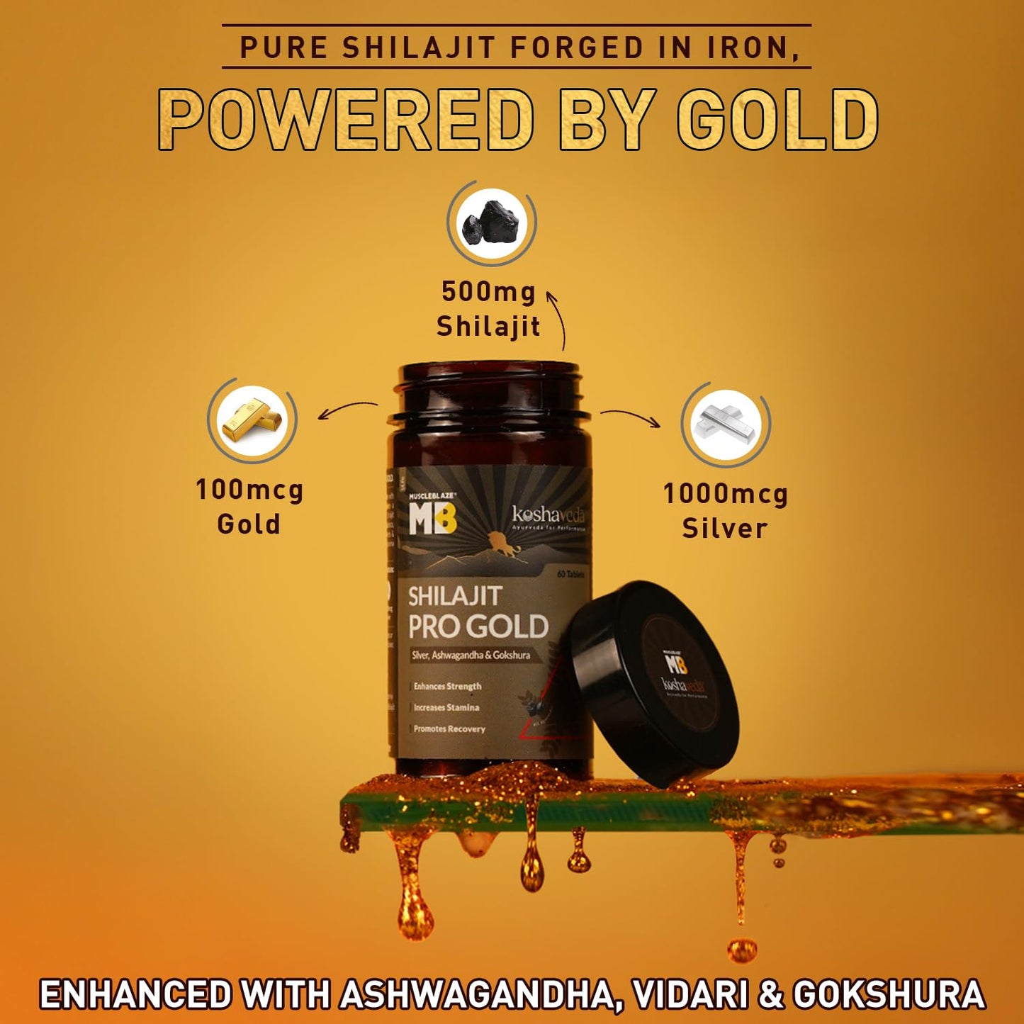 MuscleBlaze Koshaveda Shilajit Pro Gold by (60 Tablets) | Fortified with 24 Carat Gold, Shilajit, Ashwagandha & Gokshura | For Strength, Stamina & Recovery