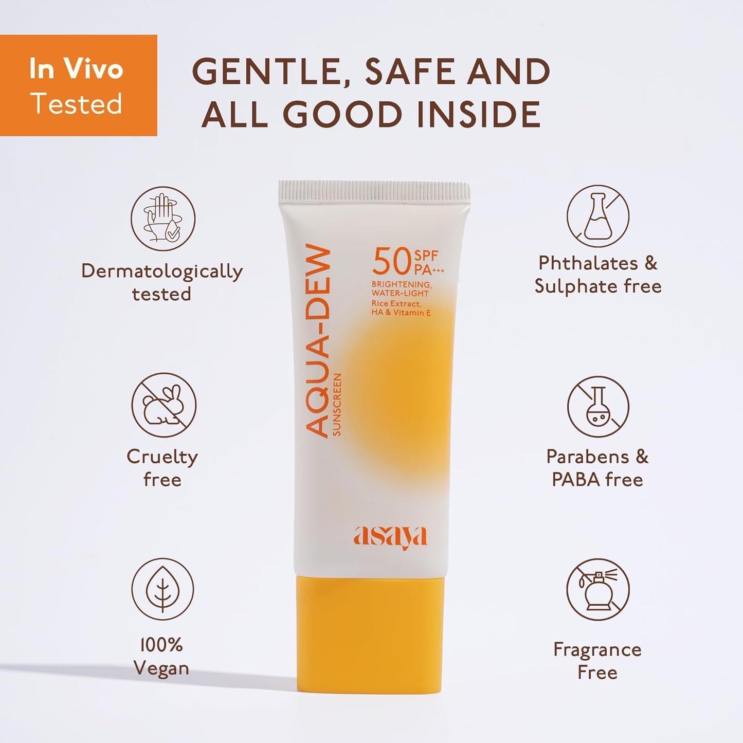 Asaya Aqua Dew Sunscreen SPF 50 PA+++ | Rice Extract | No White Cast | Blue Light Protection | Water & Sweat Resistant | Fragrance-Free | Ultra Light Dewy Sunscreen for Men & Women | 50 ml