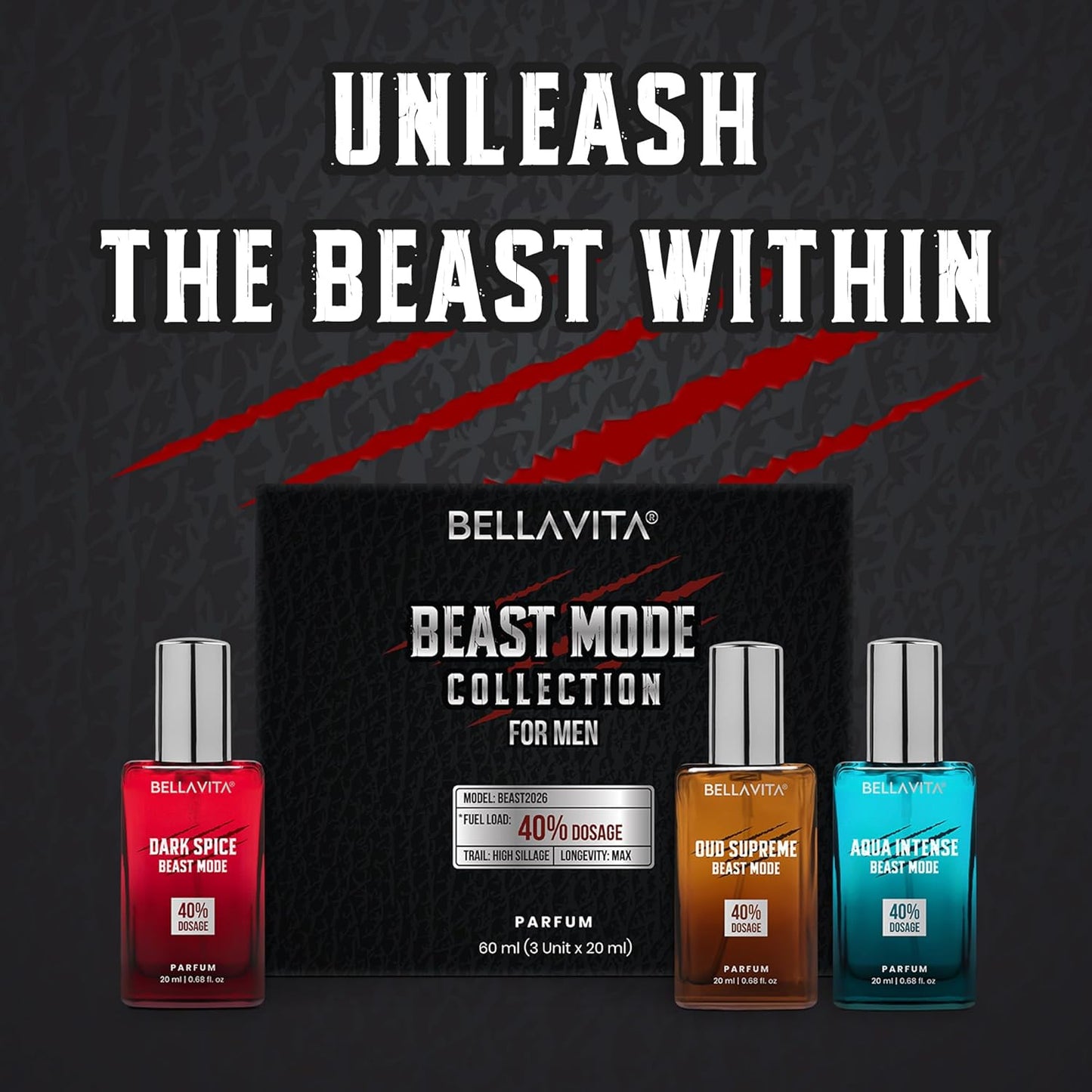 BELLAVITA Beast Mode Collection Set with 40% Perfume oil concentration | Long Lasting | Set of 3 x 20ml each | Perfume for Man | Gift for Men | Spicy, Wood, Musk and Oud Premium Fragrance for Men