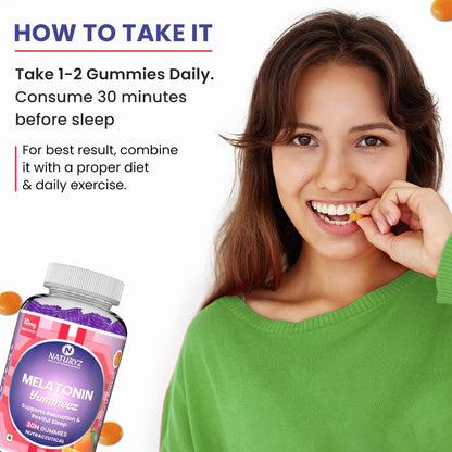 NATURYZ Yummeez Melatonin 10mg Gummies for Sleep - Non-Addictive | No Added Sugar | Valerian Root, Chamomile | Enhance Sleep Quality for Restful Nights, Wake Up Fresh & Energetic - 30 gummies(Orange Flavour)