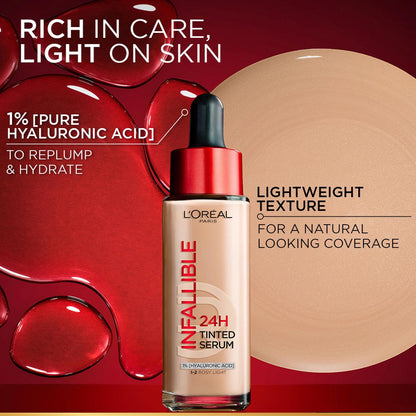 Lâ€™OrÃ©al Paris Infallible 24H Tinted Serum Foundation, Light-weight Coverage, Dewy & Radiant Finish, Transfer-proof, 30ml