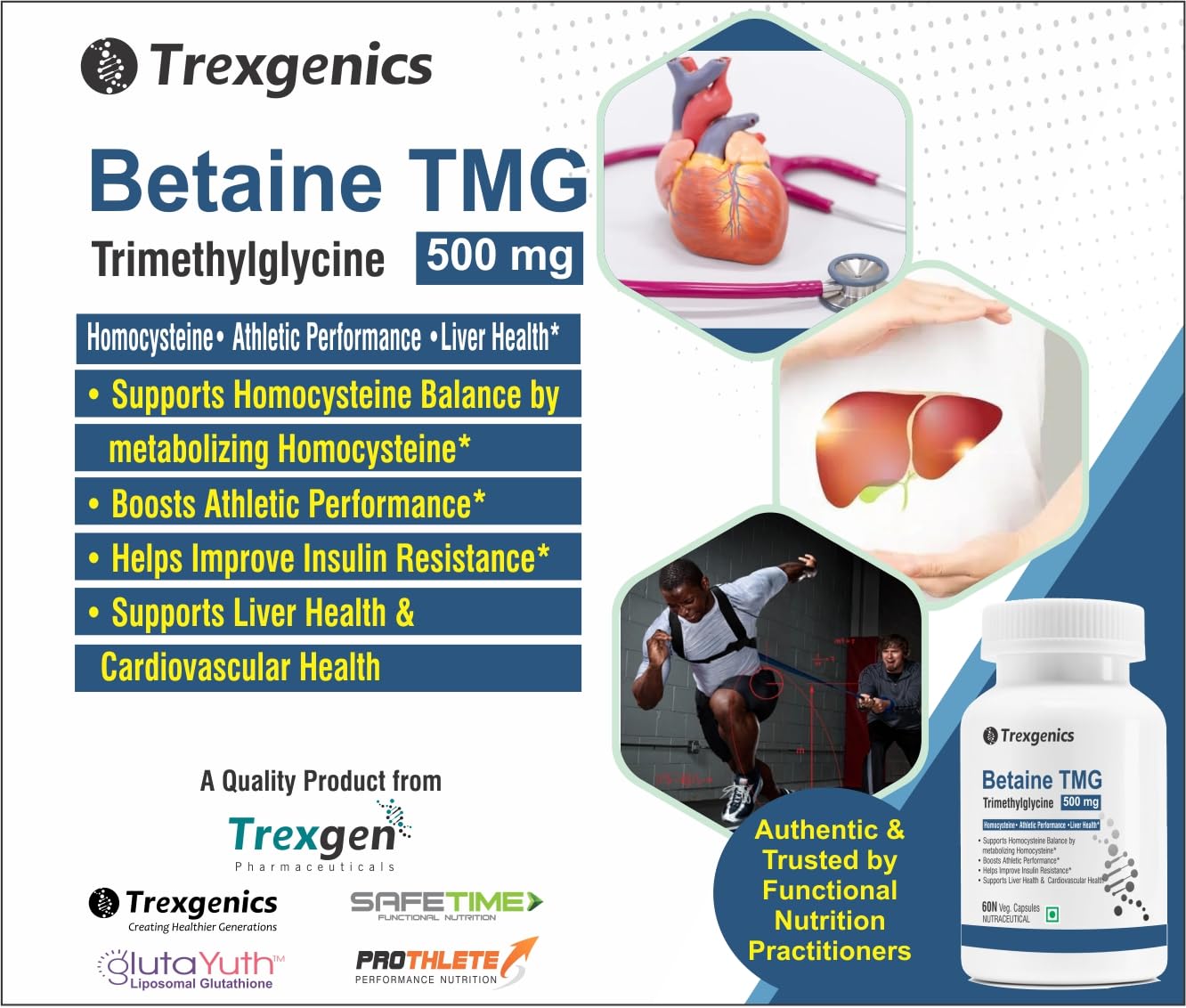 Trexgenics BETAINE - TMG (Trimethyglycine) 500 MG Homocysteine Balance, Liver Care, Athletic Performance Support (60 Veg Capsules) (Pack of 1)