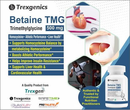 Trexgenics BETAINE - TMG (Trimethyglycine) 500 MG Homocysteine Balance, Liver Care, Athletic Performance Support (60 Veg Capsules) (Pack of 1)