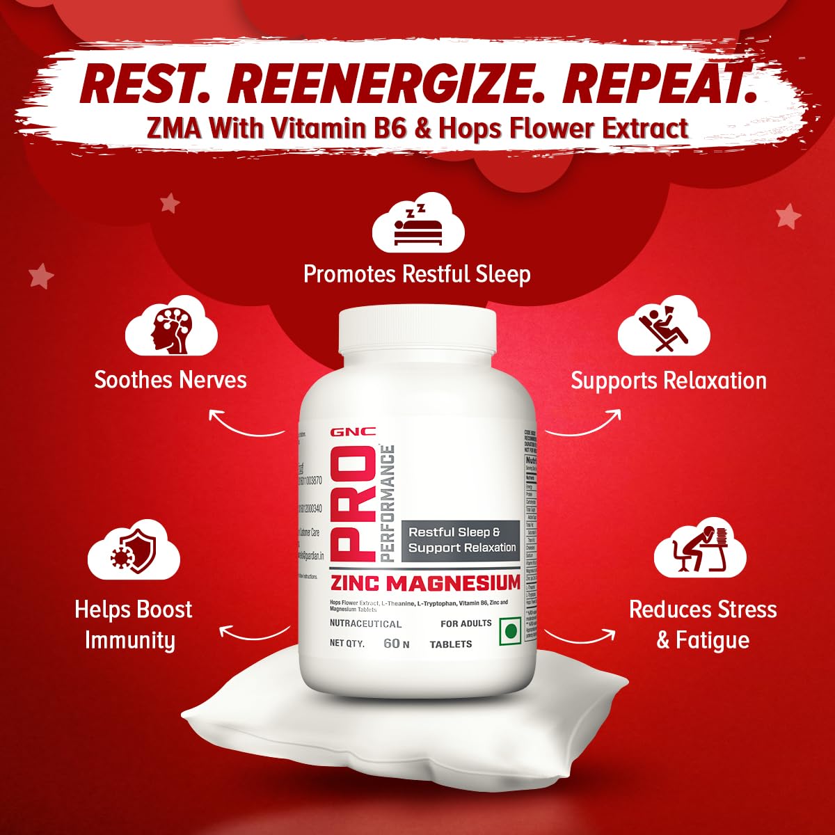 GNC Pro Performance Zinc Magnesium Amino Complex | 60 Tablets | Promotes Restful Sleep | Relieves Stress | Boosts Immunity | Calms Nerves | Contains Vitamin B6 & Hops Flower Extract | USA Formulated