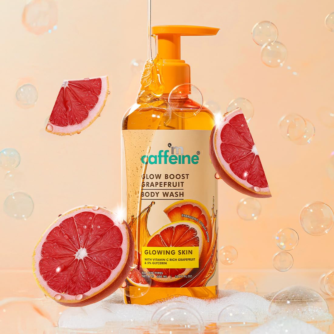 mCaffeine Glow Boost Grapefruit Body Wash - 300 ml| Fruity Grapefruit Aroma | Vitamin C Rich & 5% Glycerine | Deep Cleanse, Detan for Soft & Smooth Skin | Fragrance Shower Gel for All Skin Types