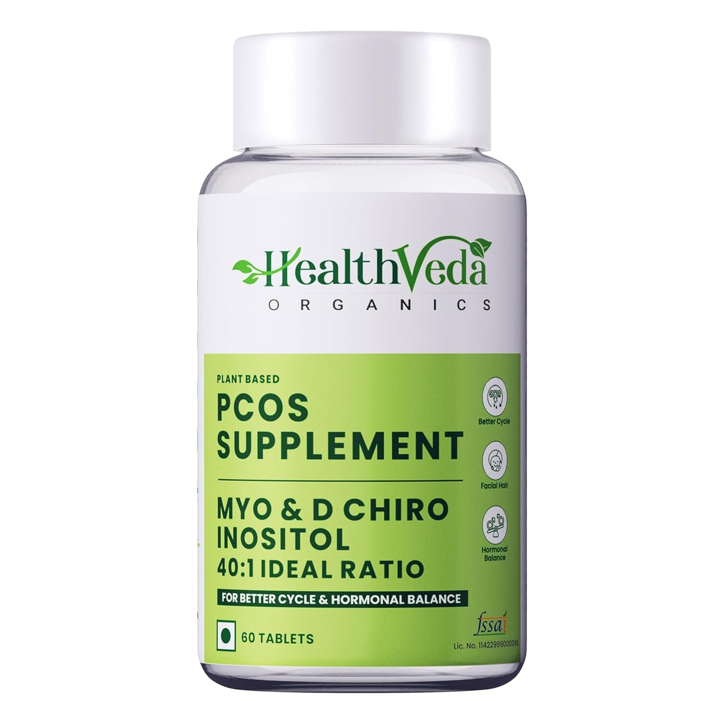 HEALTH VEDA ORGANICS PRIVATE LIMITED Plant Based Pcos With Myo-Inositol 2000Mg, D-Chiro-Inositol 50Mg|60 Veg Tablets|Healthy Regular Menstruation|For Women