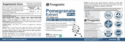 Trexgenics POMEGRANATE (Bioactive 40% Ellagic acid) Seed Extract 500 mg Antioxidant, Skin Care, Blood circulation, Cardiovascular Health Support (60 Veg capsules)