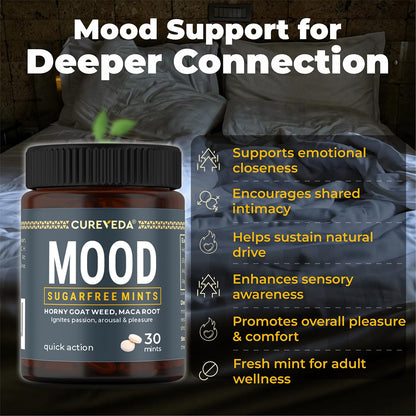 Cureveda Mood Mints for Him & Her | Herbal Mint Tablets for Mood Balance, Energy & Daily Wellness | Horny Goat Weed & Maca | Minty Fresh | Fast-Dissolving Tablets | 30 Mints