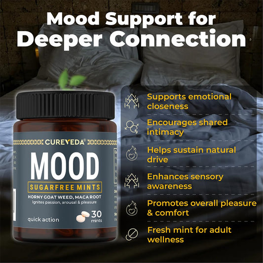 Cureveda Mood Mints for Him & Her | Herbal Mint Tablets for Mood Balance, Energy & Daily Wellness | Horny Goat Weed & Maca | Minty Fresh | Fast-Dissolving Tablets | 30 Mints
