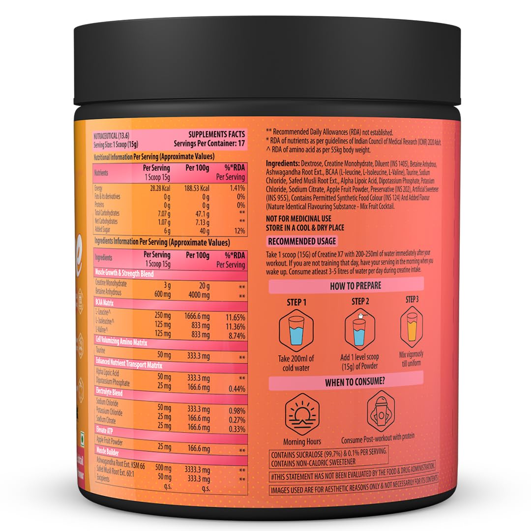 NATURYZ Creatine X7 Pure Micronized Creatine Monohydrate Post Workout drink | Rapid Absorption with Aminos | BCAA | ATP Transport Matrix | Muscle Growth & Strength | Power of 7 Blends | Muscle Builder- 250g(MixFruit Cocktail)