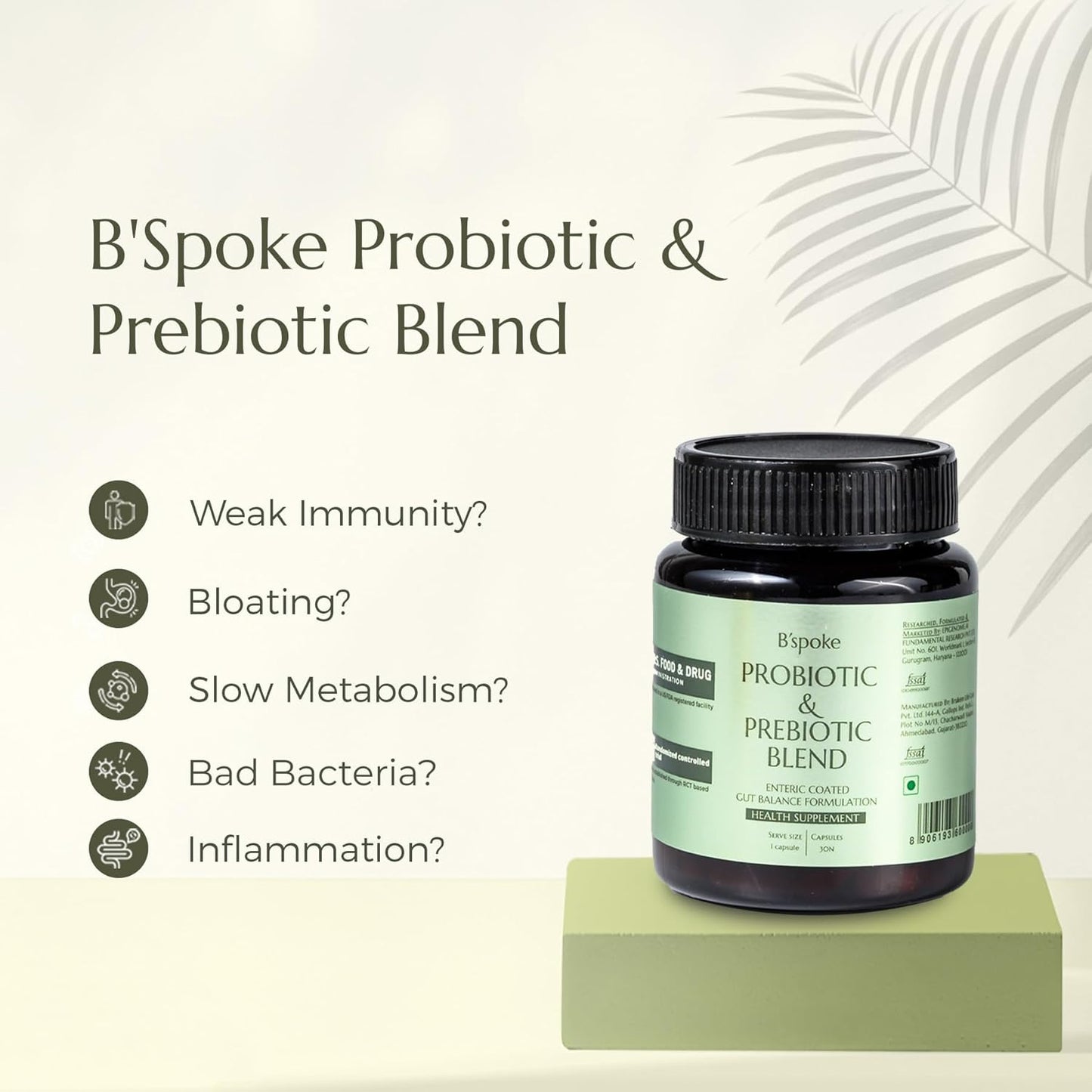 B'spoke Probiotic & Prebiotic Blend â€“ 60 Billion CFU High-Potency Probiotics for Digestive Health, Immunity & Microbiome Balance | Advanced Gut Health with 11 Multi-Strain Blend in Enteric-Coated Veg Capsules